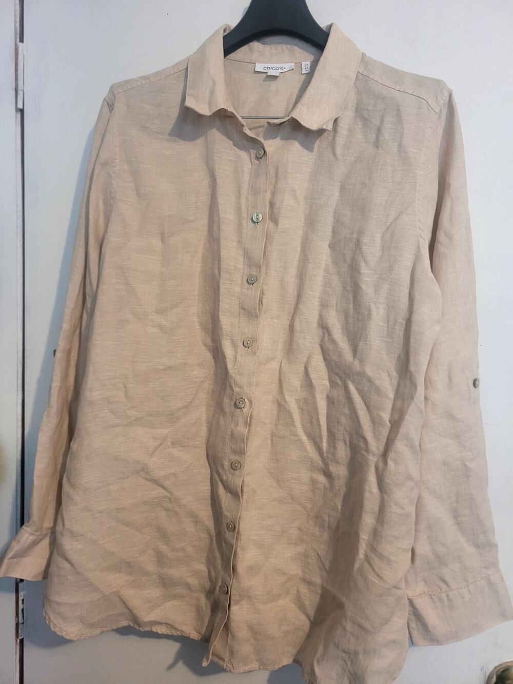 Chico's Beige Linen Button Up Shirt Women's Sz 2.5 |Beach Resortwear Euro Summer